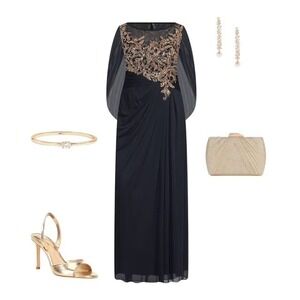 Besty & Adam Navy Sequin Gown Cowl Back Formal Evening Dress Rose Gold‎ Applique